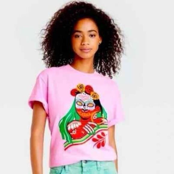 Golden Hour Women's Dia Pacheco Sugar Skull Short Sleeve Graphic T-Shirt Pink L - Picture 1 of 6